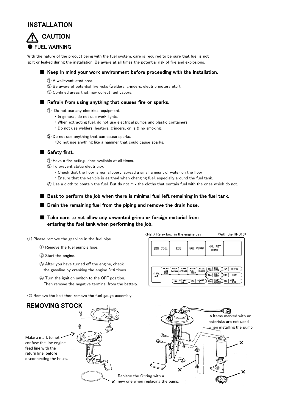 Installation caution, Removing stock | Tomei Powered OVERSIZED FUEL PUMP (For PS13 Models) User Manual | Page 7 / 12