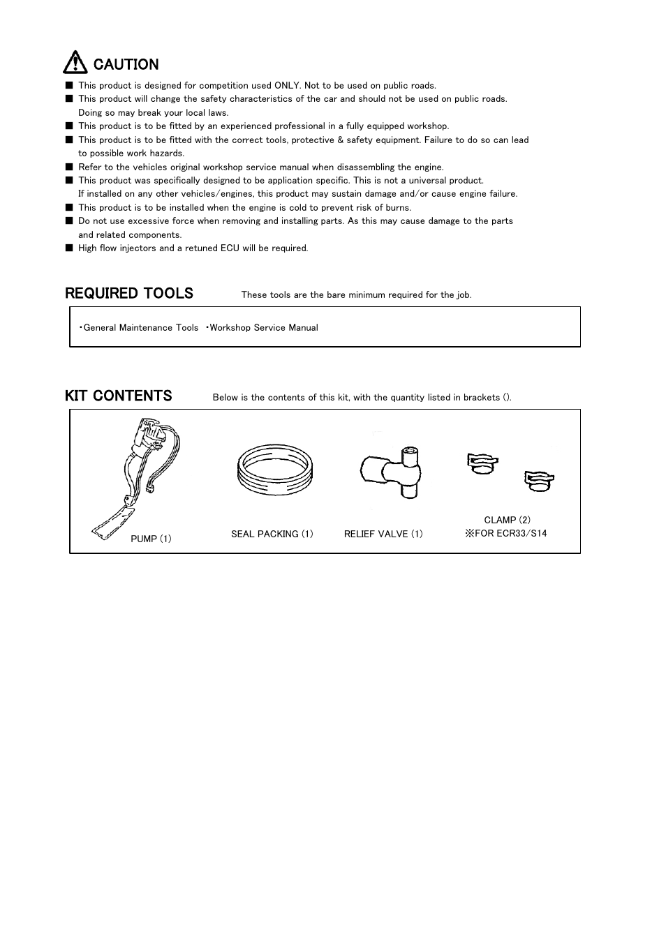 Caution, Required tools, Kit contents | Tomei Powered OVERSIZED FUEL PUMP (For S14 Models) User Manual | Page 5 / 8