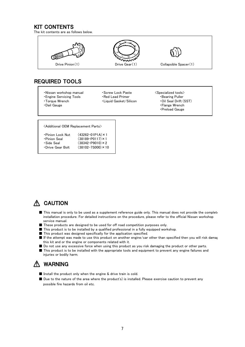 Kit contents, Required tools, Caution | Warning | Tomei Powered FINAL GEAR KIT FOR HA PRO KIT User Manual | Page 7 / 12