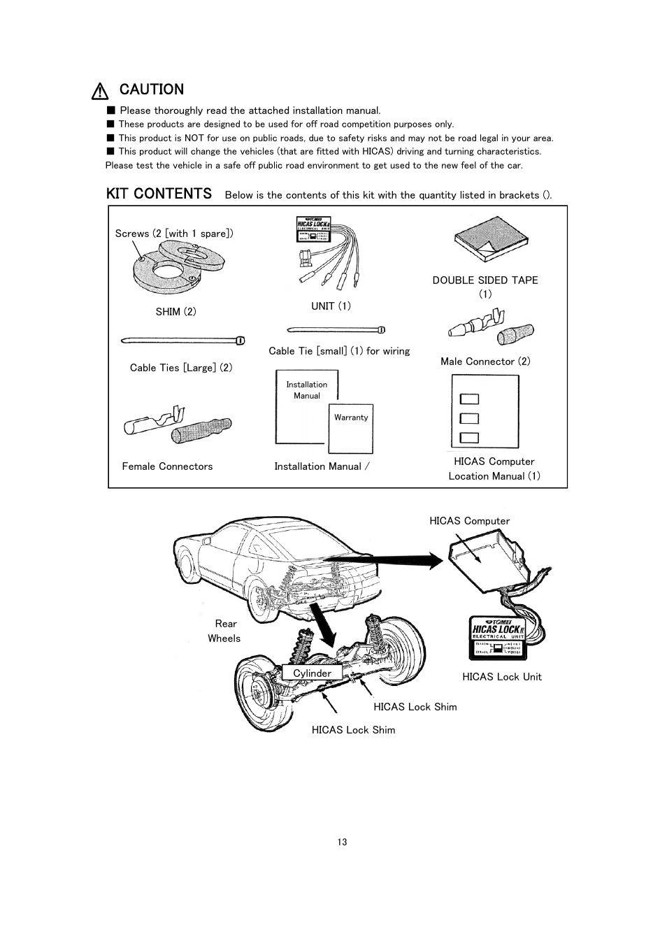 Caution, Kit contents | Tomei Powered HICASS LOCK II TYPE B User Manual | Page 13 / 24