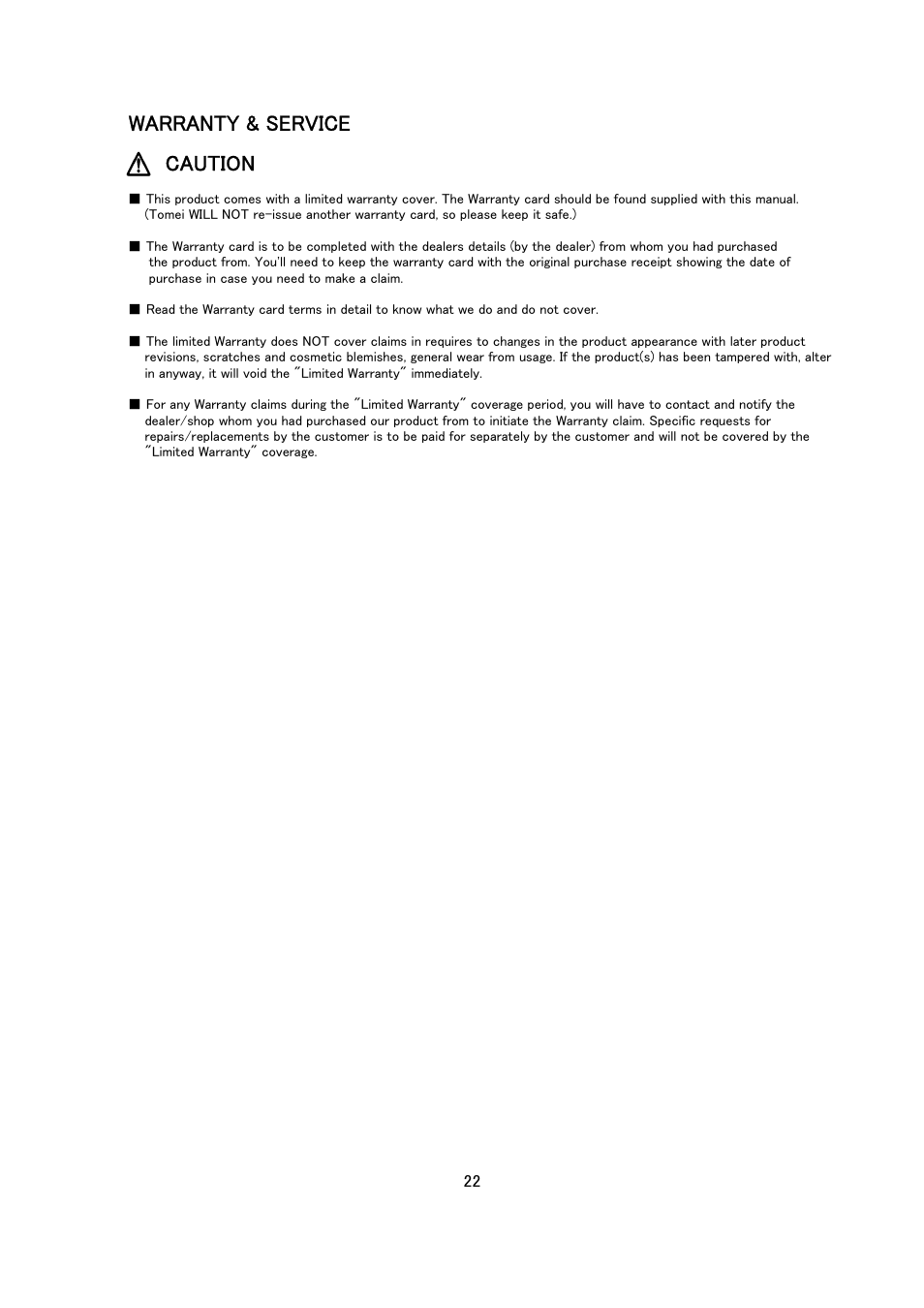 Warranty & service caution | Tomei Powered HICASS LOCK II TYPE B User Manual | Page 22 / 24