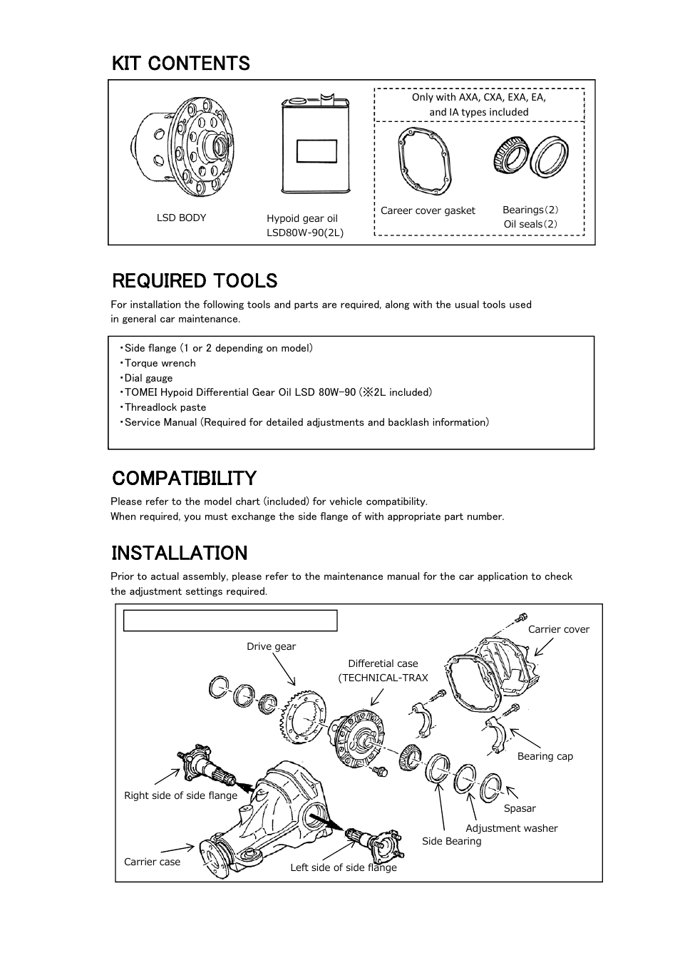 Kit contents, Required tools, Compatibility | Installation, Illustration | Tomei Powered TECHNICAL TRAX/ ADVANCE LSD User Manual | Page 16 / 24