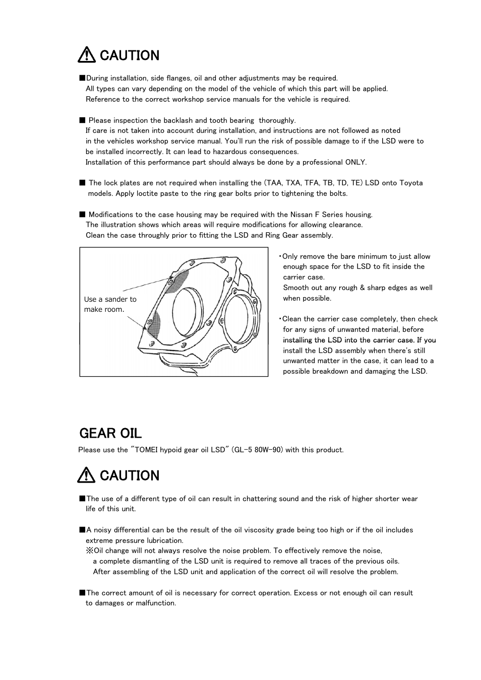 Caution, Gear oil | Tomei Powered TECHNICAL TRAX/ ADVANCE LSD User Manual | Page 17 / 24