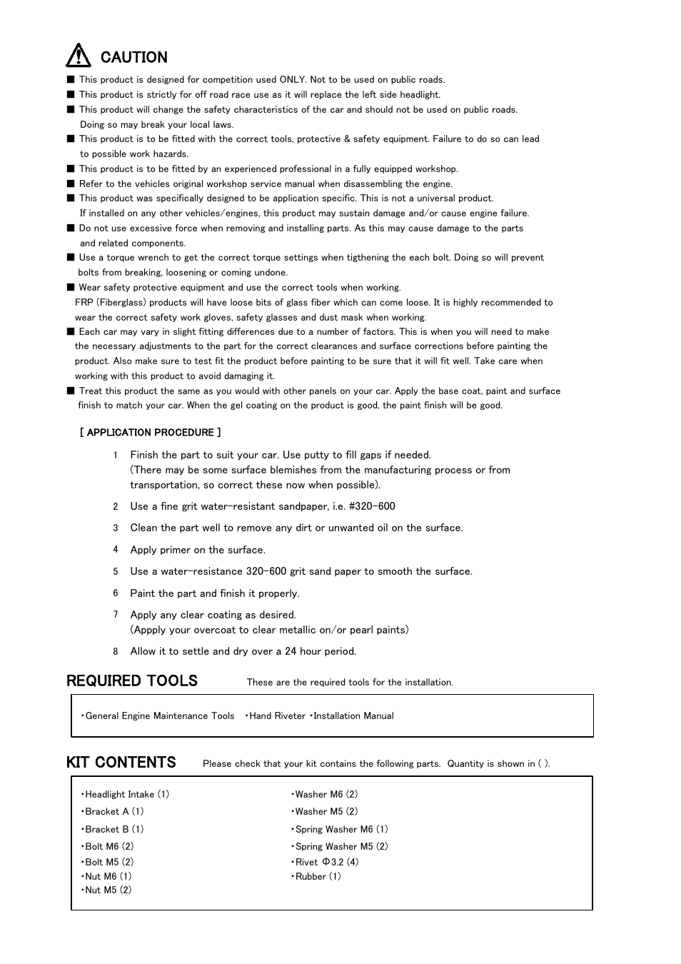 Caution, Required tools, Kit contents | Tomei Powered HEADLIGHT AIR INTAKE (R33) User Manual | Page 5 / 8