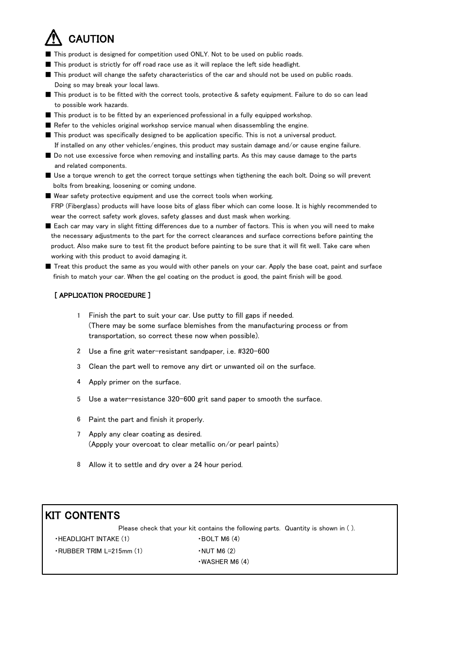 Caution, Kit contents | Tomei Powered HEADLIGHT AIR INTAKE (R34) User Manual | Page 4 / 8