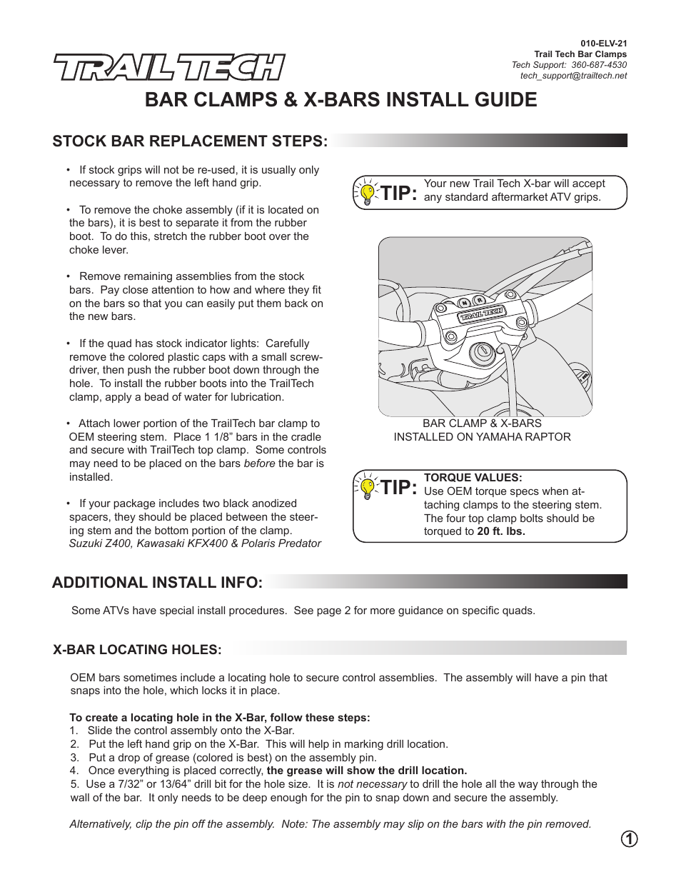 Trail Tech 1 1/8" HANDLEBAR CLAMPS 030L-Y02F User Manual | 2 pages