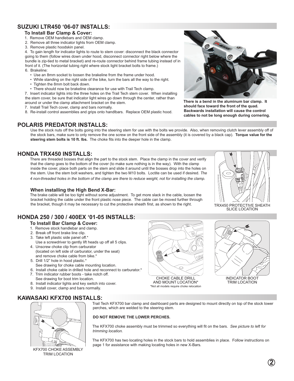 Polaris predator installs, Honda trx450 installs, Kawasaki kfx700 installs | Trail Tech 1 1/8" HANDLEBAR CLAMPS 030L-Y02F User Manual | Page 2 / 2