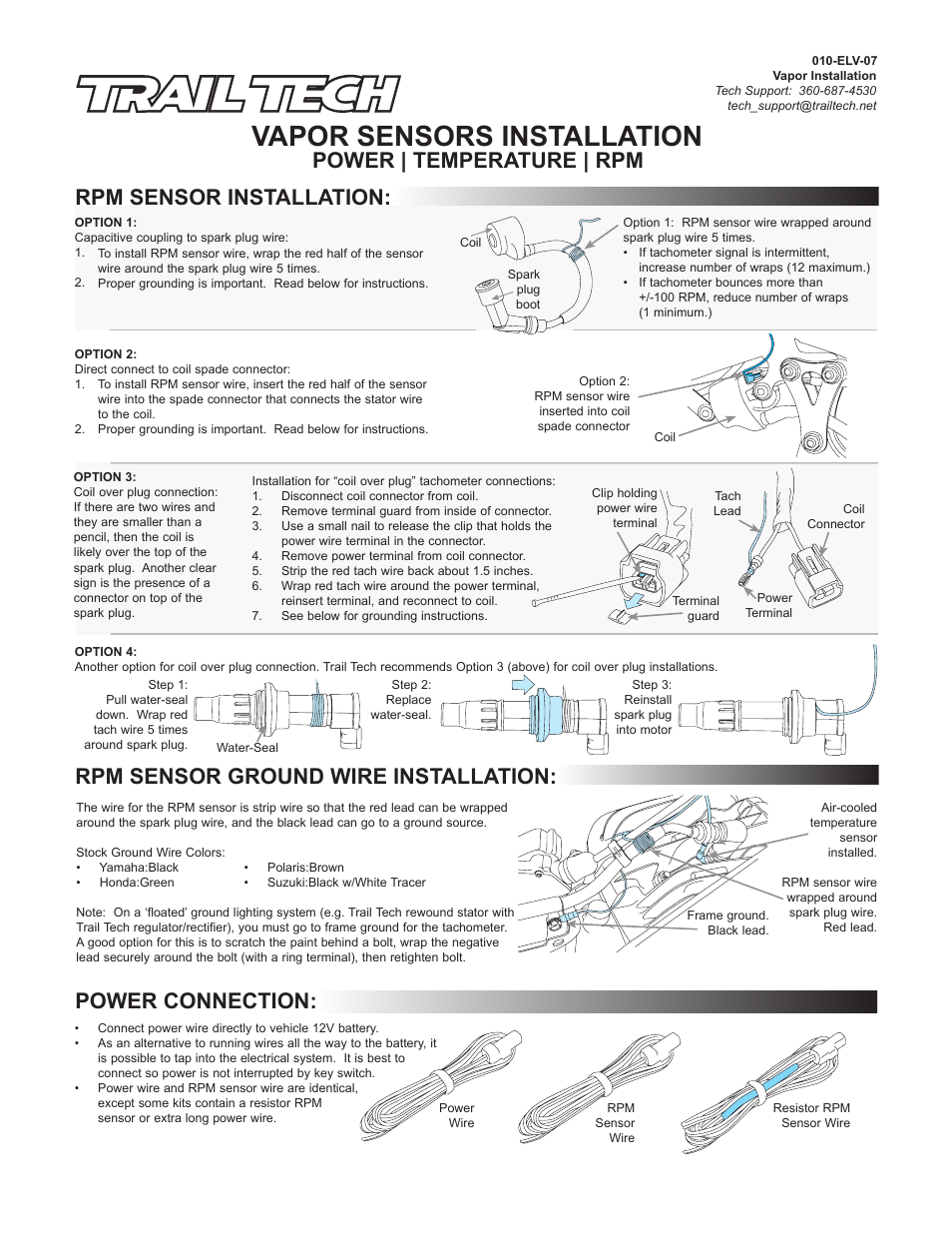 Vapor sensors installation, Power connection | Trail Tech M6 X 1.0 TEMP SENSOR PROBE V300-001 User Manual | Page 2 / 2
