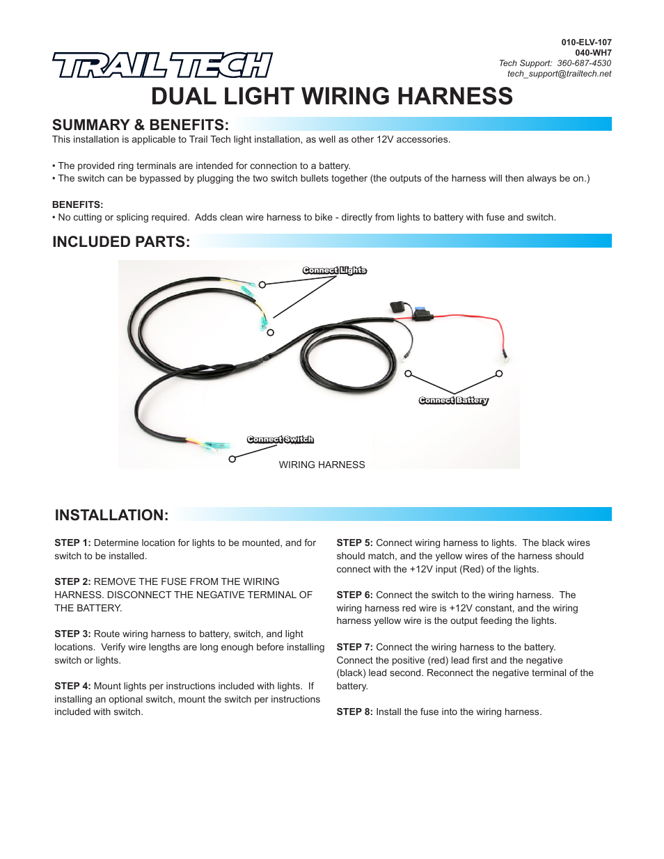 Trail Tech WIRE HARNESS WITH PUSH BUTTON SWITCH 040-WH7A User Manual | 2 pages