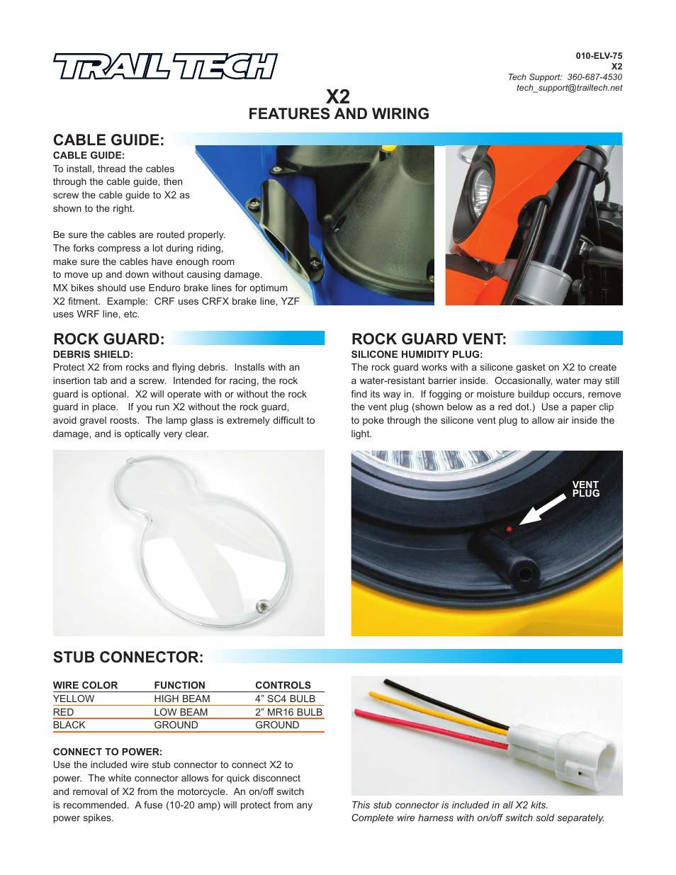 Features and wiring cable guide, Rock guard, Rock guard vent | Stub connector | Trail Tech X2 KIT: HALOGEN YAMAHA 36T2C-70 User Manual | Page 2 / 2