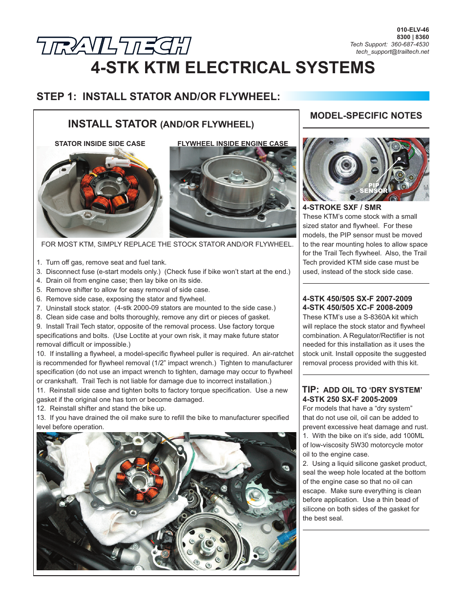 Trail Tech 90 WATT HIGH OUTPUT DC ELECTRICAL SYSTEM KIT FOR FOUR STROKE KTM 450/505 SX-F/XC-F 2007/2012 AND 2008 450 SMR S-8360A User Manual | 2 pages
