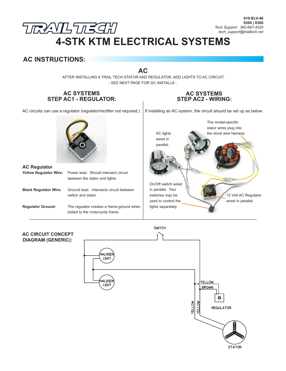 Stk ktm electrical systems, Ac instructions | Trail Tech 90 WATT HIGH OUTPUT DC ELECTRICAL SYSTEM KIT FOR FOUR STROKE KTM 450/505 SX-F/XC-F 2007/2012 AND 2008 450 SMR S-8360A User Manual | Page 2 / 2