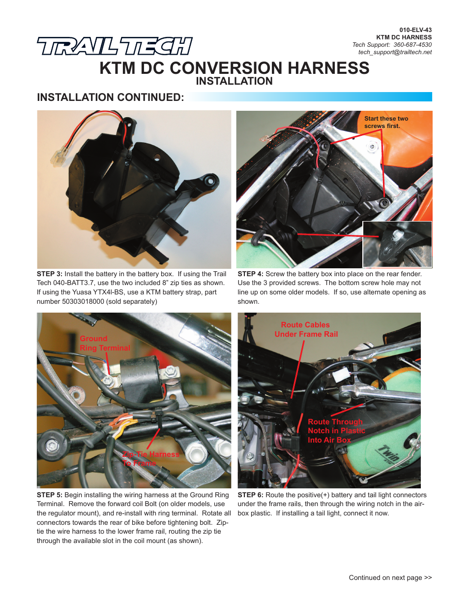 Ktm dc conversion harness, Installation installation continued | Trail Tech KTM DC WIRE HARNESS KIT S-8300-WK User Manual | Page 2 / 4