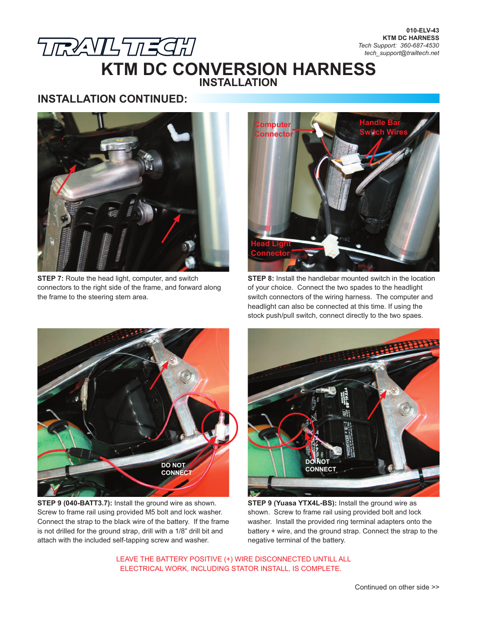 Ktm dc conversion harness, Installation installation continued | Trail Tech KTM DC WIRE HARNESS KIT S-8300-WK User Manual | Page 3 / 4