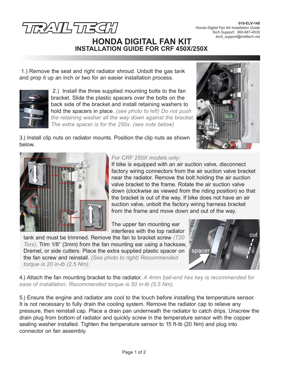 Trail Tech HONDA DIGITAL FAN KIT 732-FN6 User Manual | 2 pages