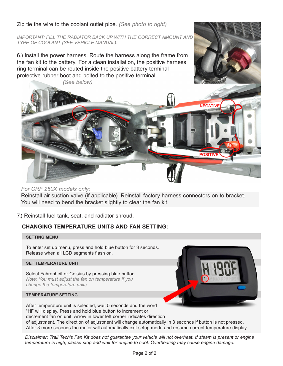 Trail Tech HONDA DIGITAL FAN KIT 732-FN6 User Manual | Page 2 / 2