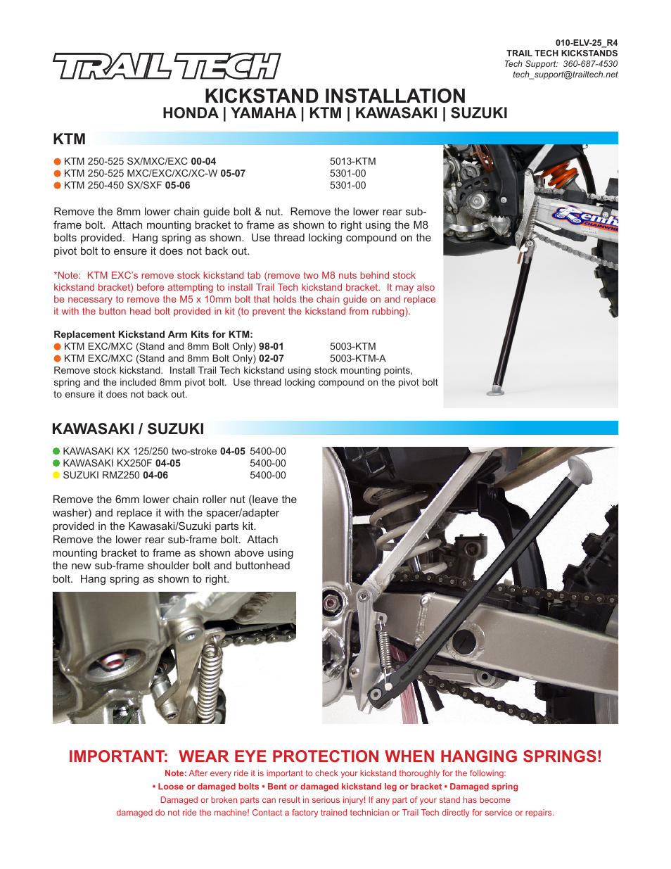 Kickstand installation, Honda | yamaha | ktm | kawasaki | suzuki ktm, Kawasaki / suzuki | Trail Tech KICKSTAND 5003-KTM User Manual | Page 2 / 2