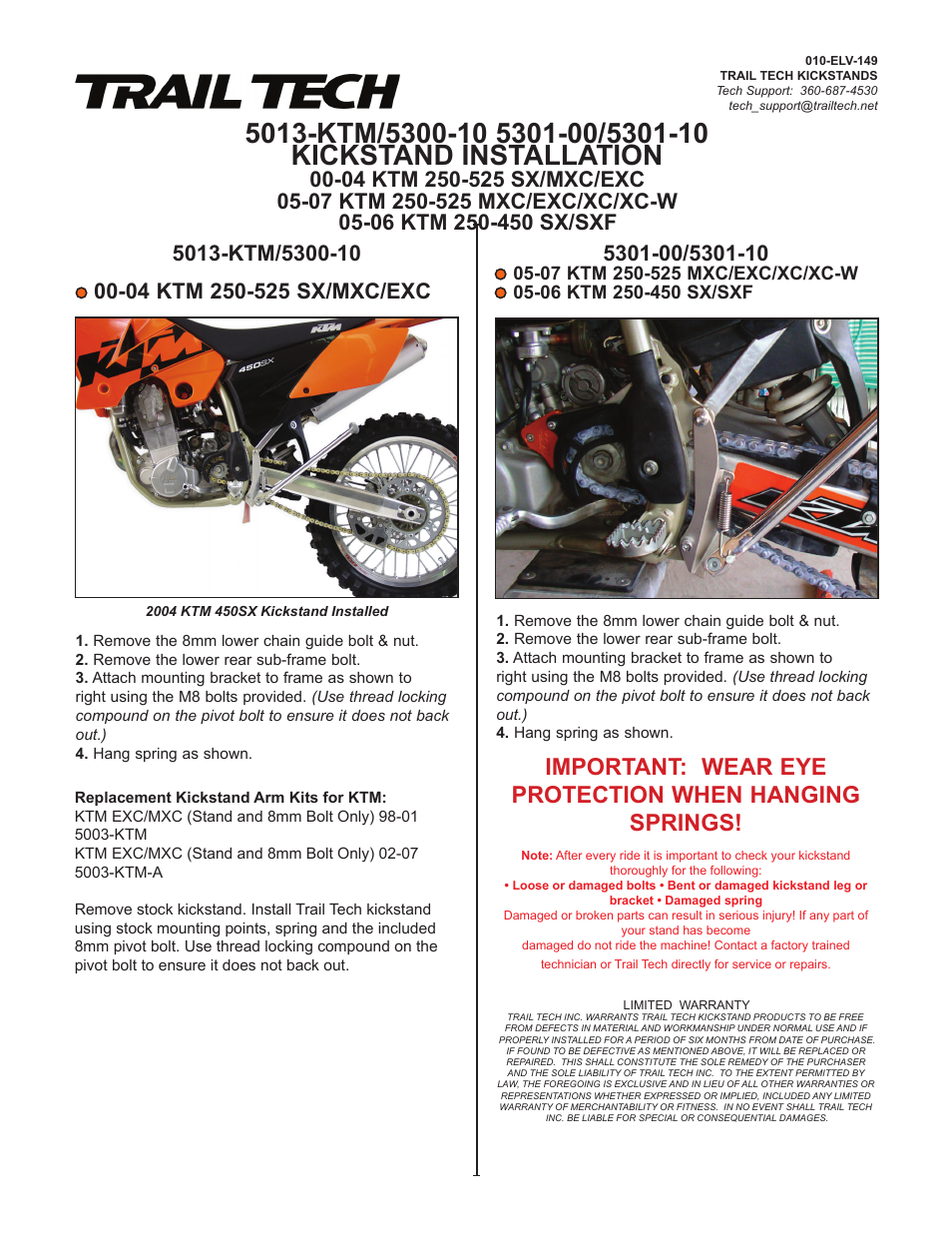 Trail Tech KICKSTAND 5013-KTM User Manual | 1 page