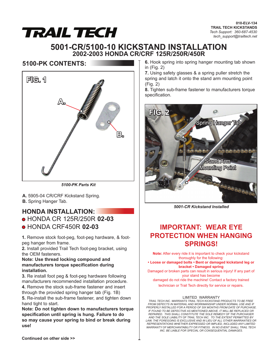 Trail Tech KICKSTAND 5001-CR User Manual | 2 pages