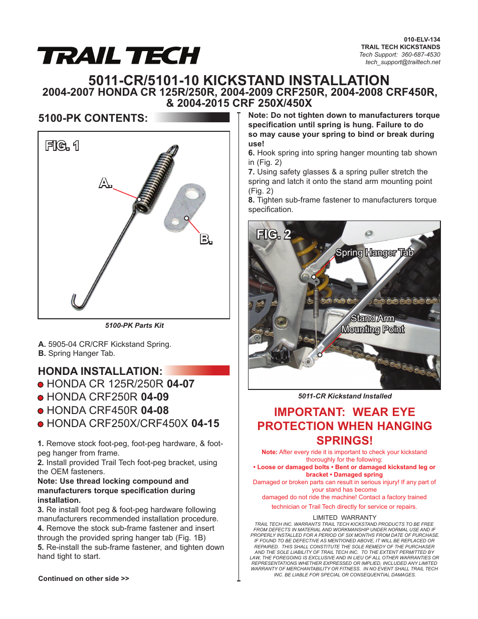 Fig. 1, B. a, Fig. 2 | 5100-pk contents: honda installation | Trail Tech KICKSTAND 5001-CR User Manual | Page 2 / 2