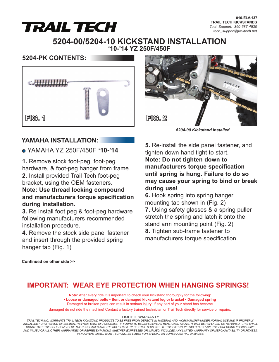 Fig. 1 fig. 2 | Trail Tech KICKSTAND 5203-00 User Manual | Page 2 / 2