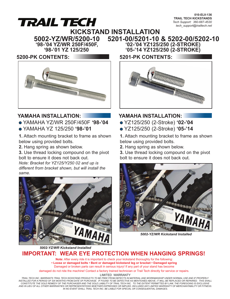 Trail Tech KICKSTAND 5202-00 User Manual | 1 page