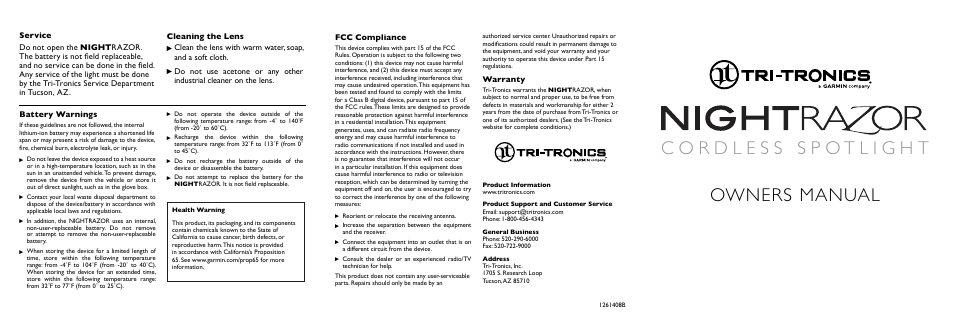 Tri-Tronics NightRazor Spotlight User Manual | 2 pages