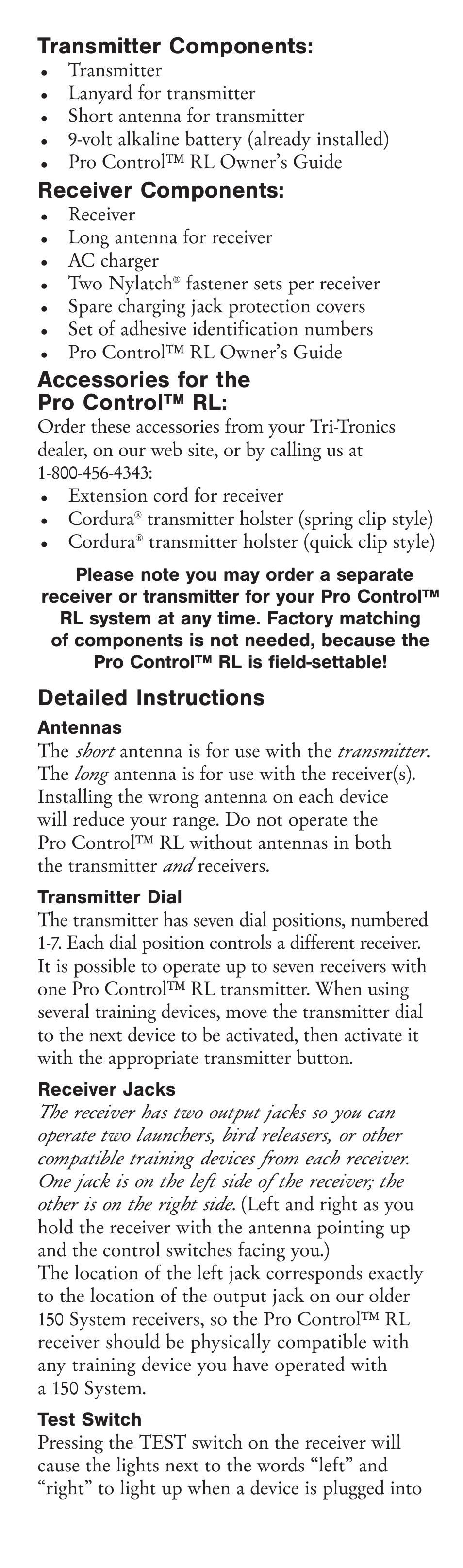 Transmitter components, Receiver components, Accessories for the pro control™ rl | Detailed instructions | Tri-Tronics G2 Pro Control™ RL User Manual | Page 3 / 8