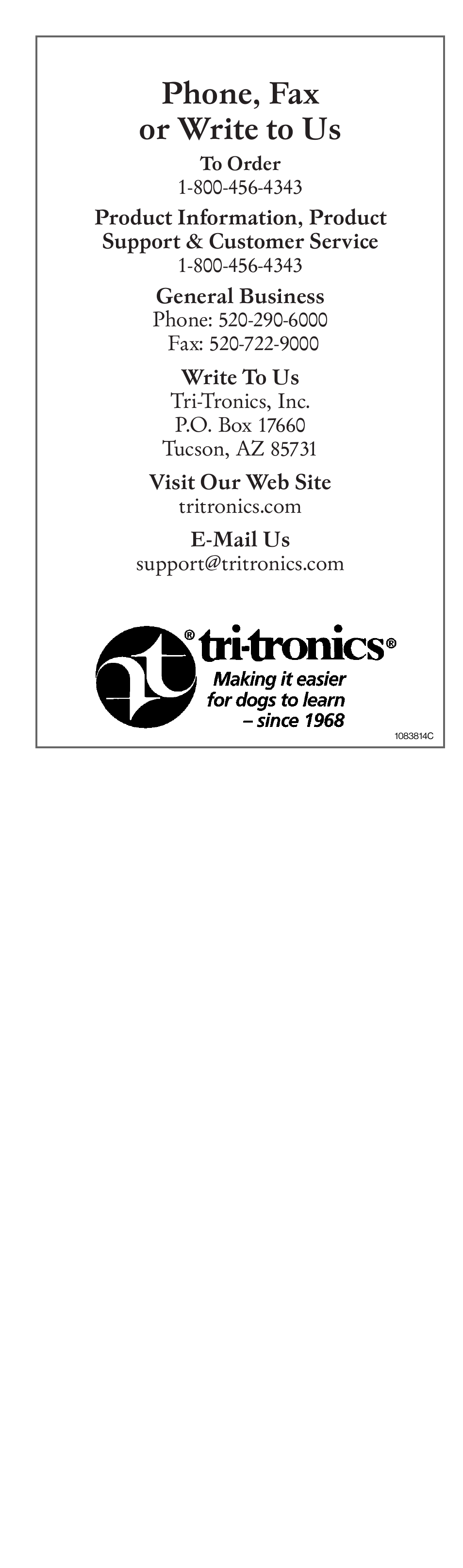 Phone, fax or write to us | Tri-Tronics G2 Pro Control™ RL User Manual | Page 8 / 8