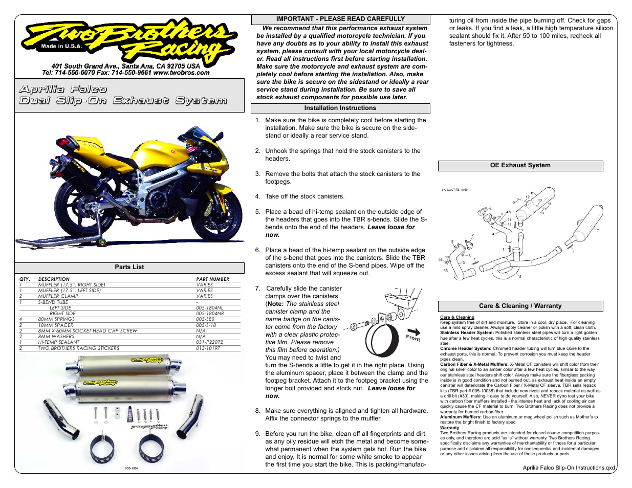 Two Brothers Racing Aprilia Falco User Manual | 1 page