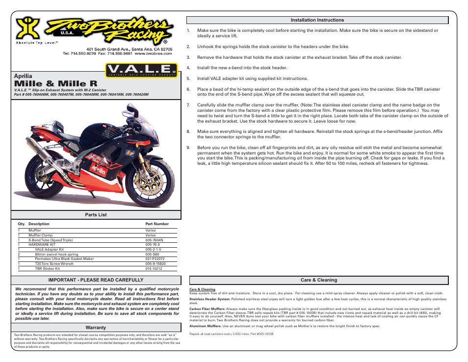 Two Brothers Racing Aprilia Tuono User Manual | 1 page