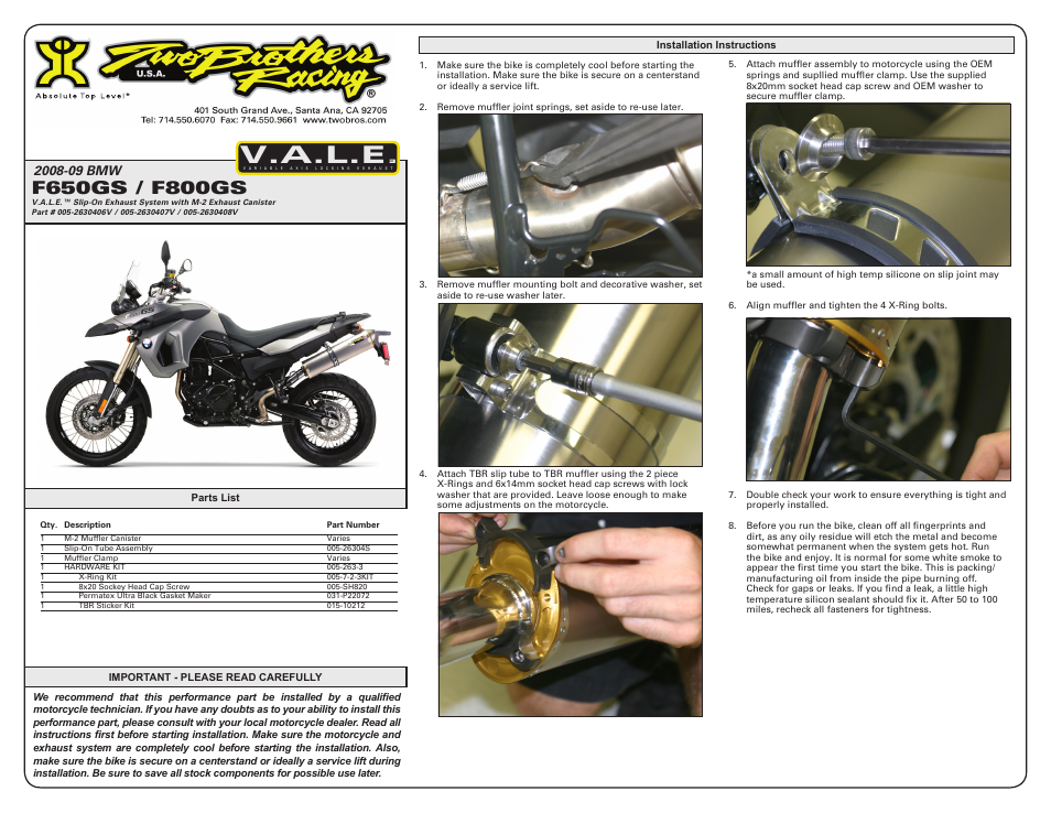 Two Brothers Racing BMW F800GS User Manual | 2 pages