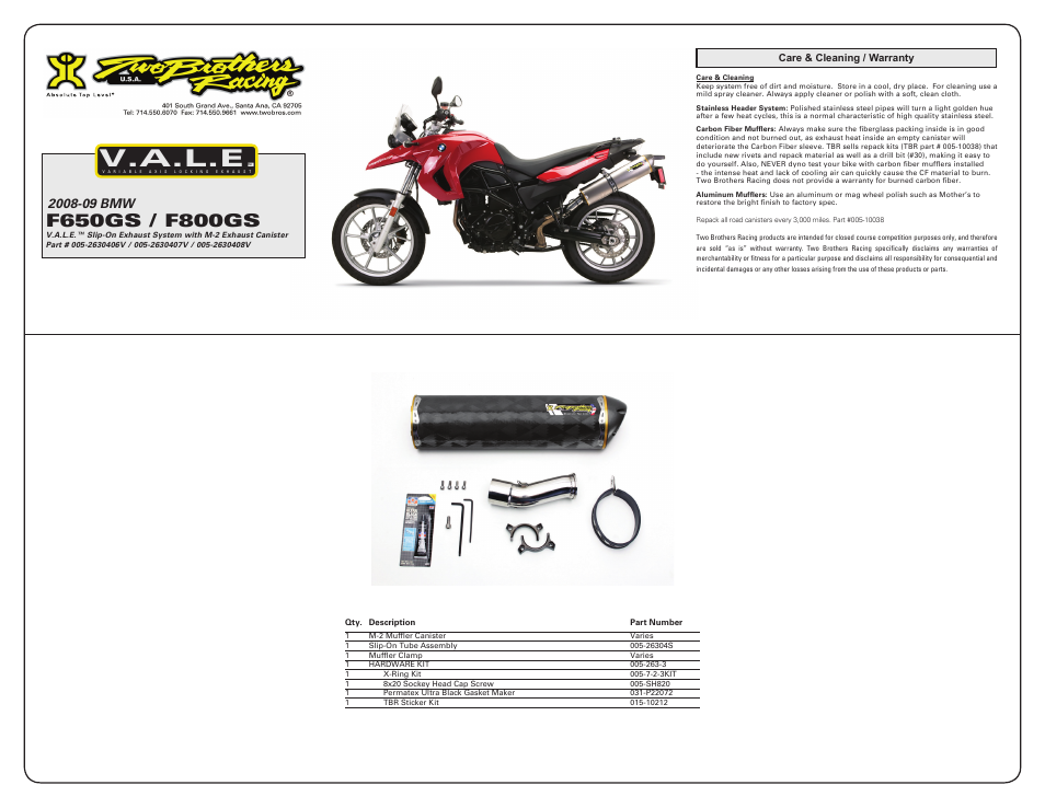 V.a.l.e | Two Brothers Racing BMW F800GS User Manual | Page 2 / 2