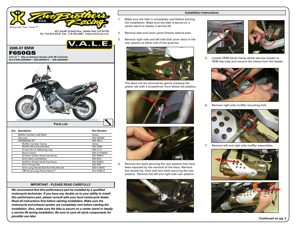 Two Brothers Racing BMW F650GS User Manual | 3 pages