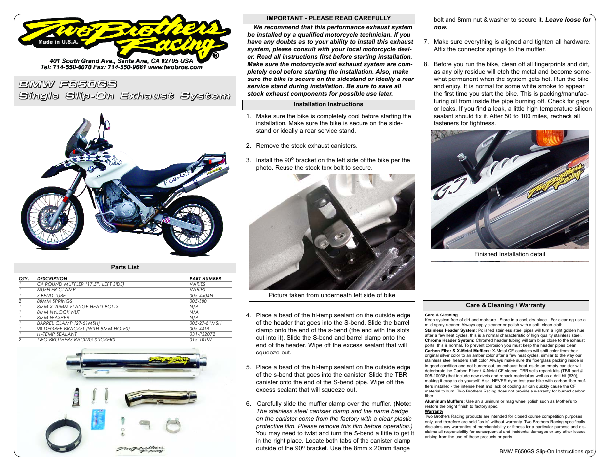 Two Brothers Racing BMW F650GS User Manual | 1 page