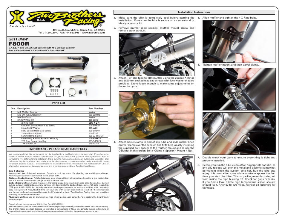 Two Brothers Racing BMW F800R User Manual | 1 page