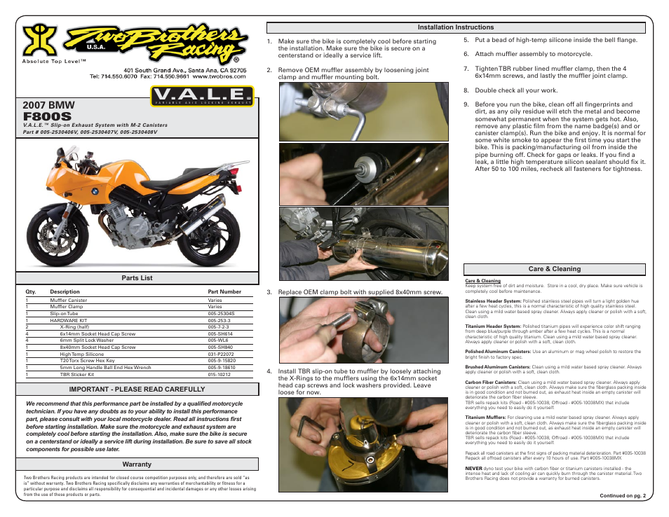 Two Brothers Racing BMW F800S/ST User Manual | 2 pages