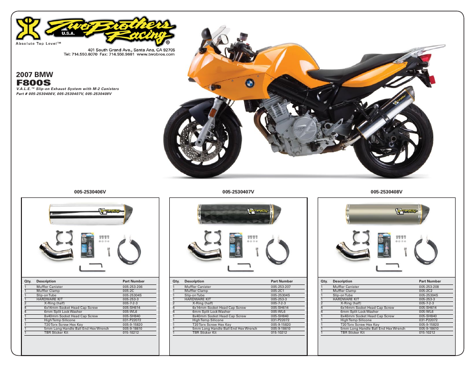 F800s, 2007 bmw | Two Brothers Racing BMW F800S/ST User Manual | Page 2 / 2