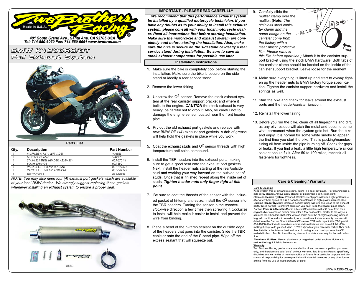 Two Brothers Racing BMW K1200GT User Manual | 1 page