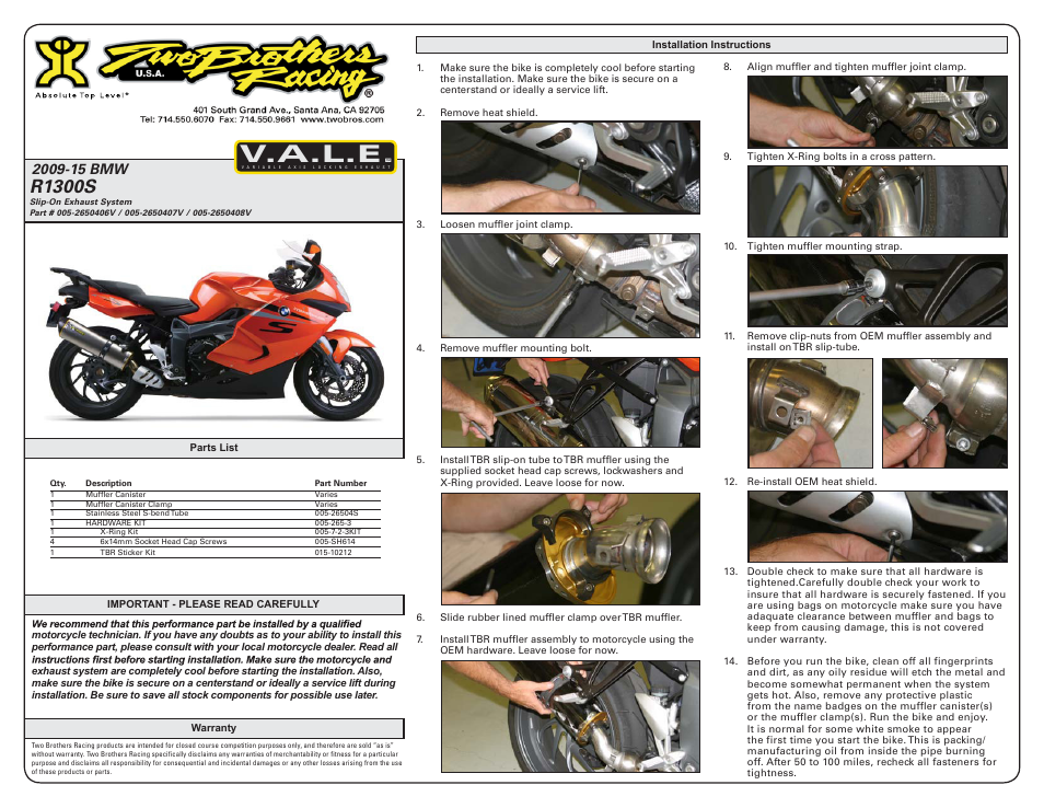 Two Brothers Racing BMW K1300S User Manual | 2 pages