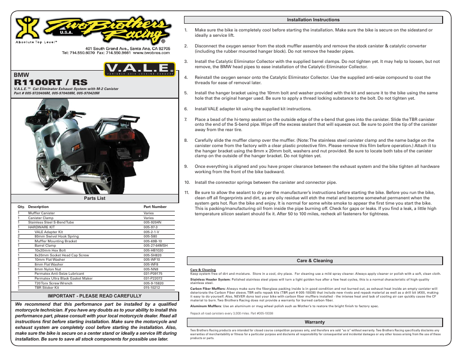 Two Brothers Racing BMW R1100RS User Manual | 1 page