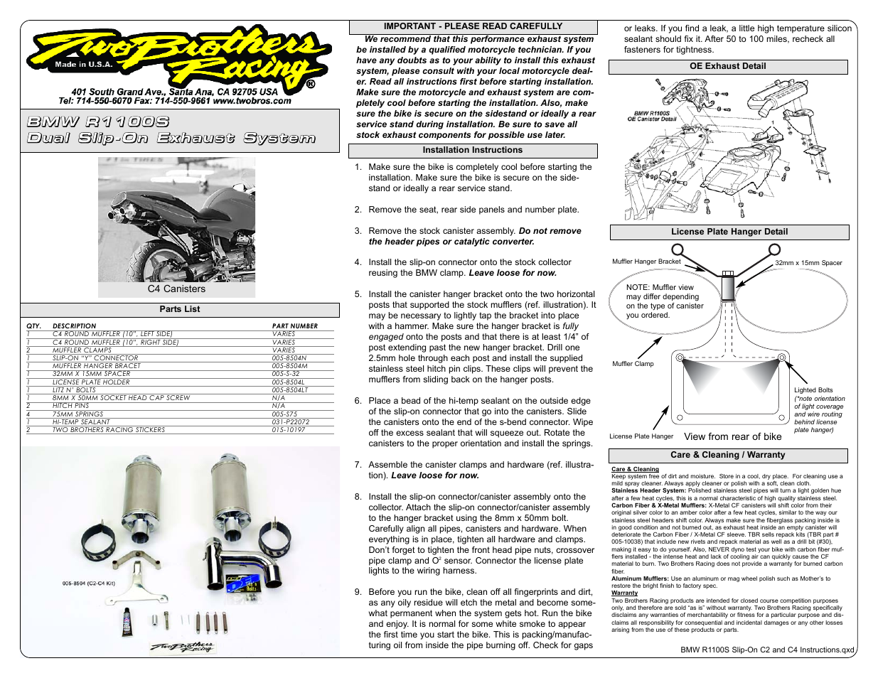 Two Brothers Racing BMW R1100S User Manual | 1 page