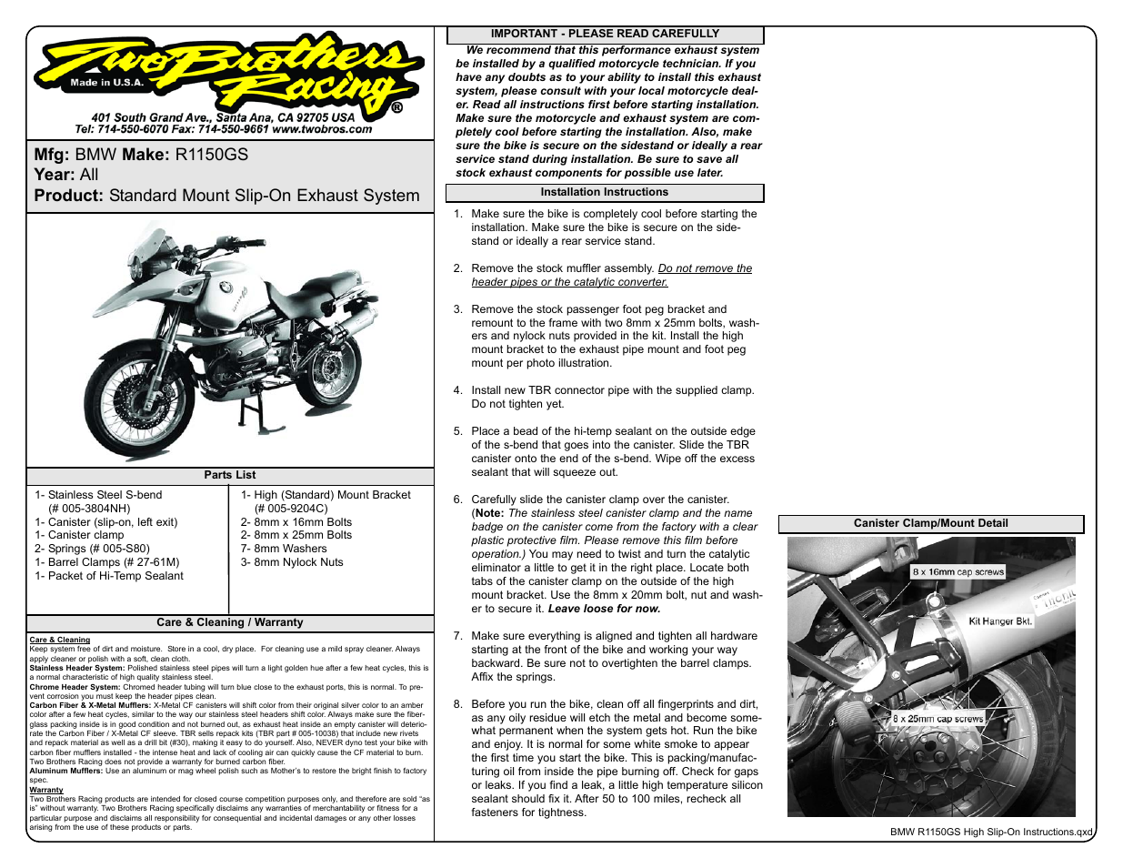 Two Brothers Racing BMW R1150GS Adventure User Manual | 1 page