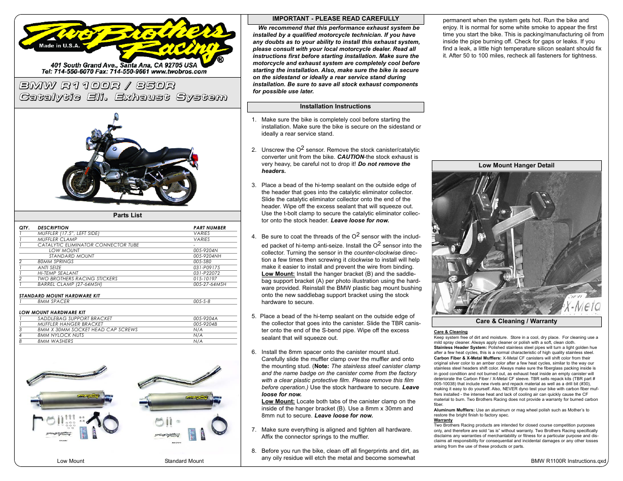 Two Brothers Racing BMW R1100R/850R User Manual | 1 page