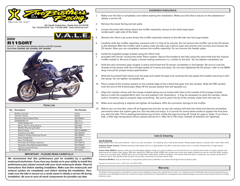 Two Brothers Racing BMW R1150RT User Manual | 1 page