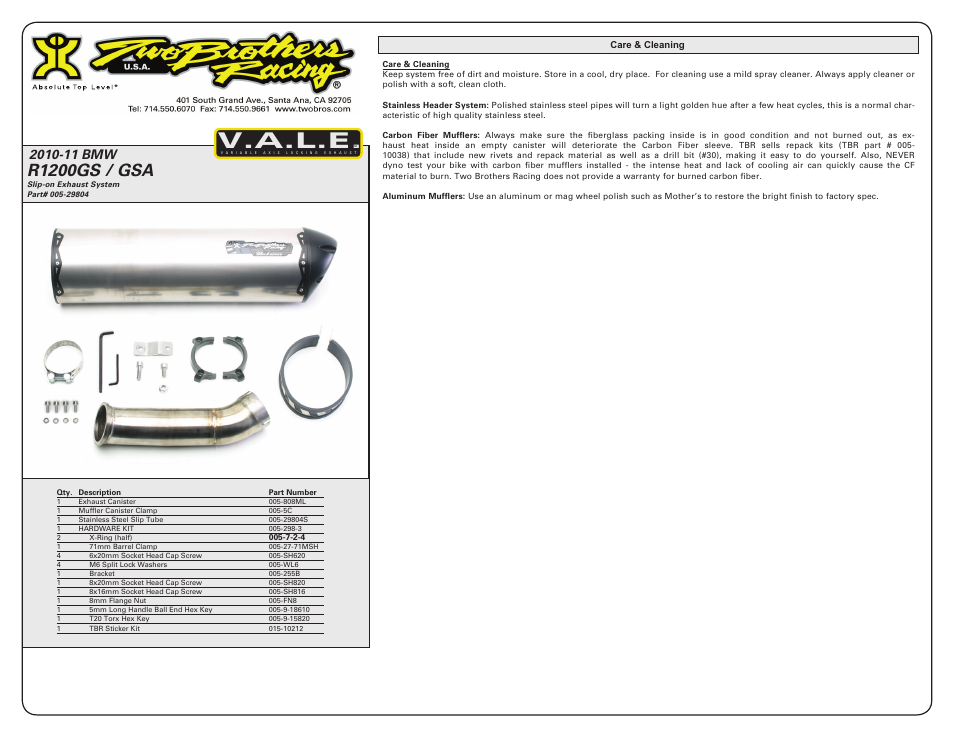 V.a.l.e, R1200gs / gsa | Two Brothers Racing BMW R1200GS User Manual | Page 2 / 2