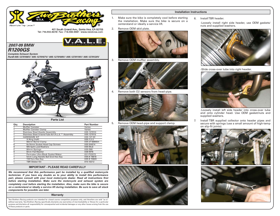 Two Brothers Racing BMW R1200GS User Manual | 3 pages