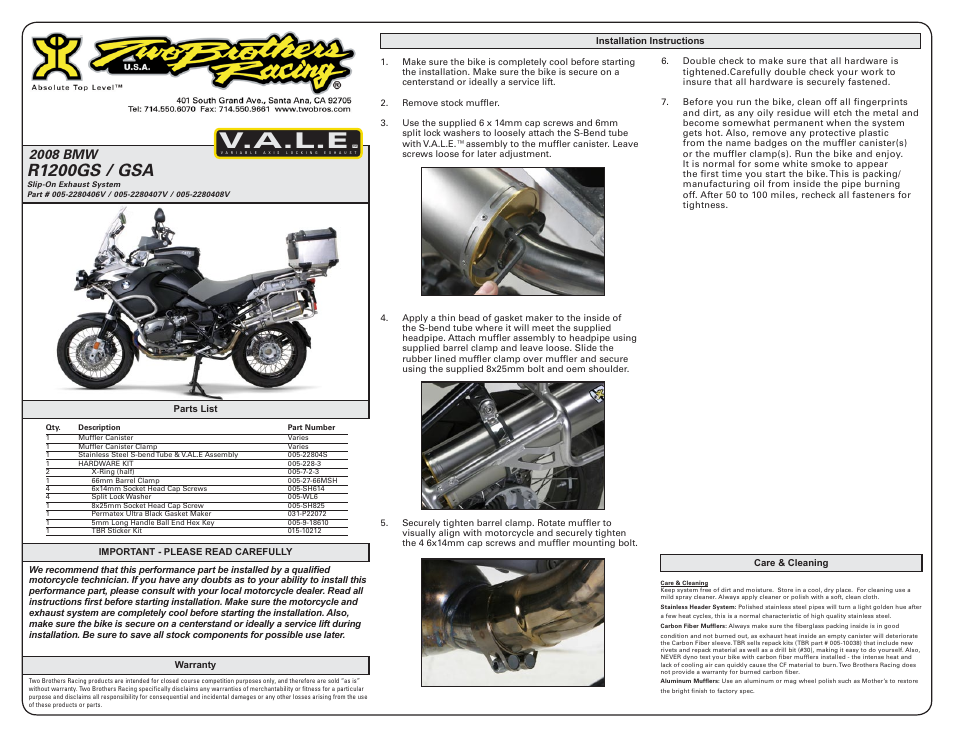 Two Brothers Racing BMW R1200GSA User Manual | 2 pages