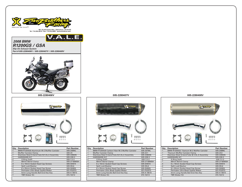 V.a.l.e, R1200gs / gsa, 2008 bmw | Two Brothers Racing BMW R1200GSA User Manual | Page 2 / 2