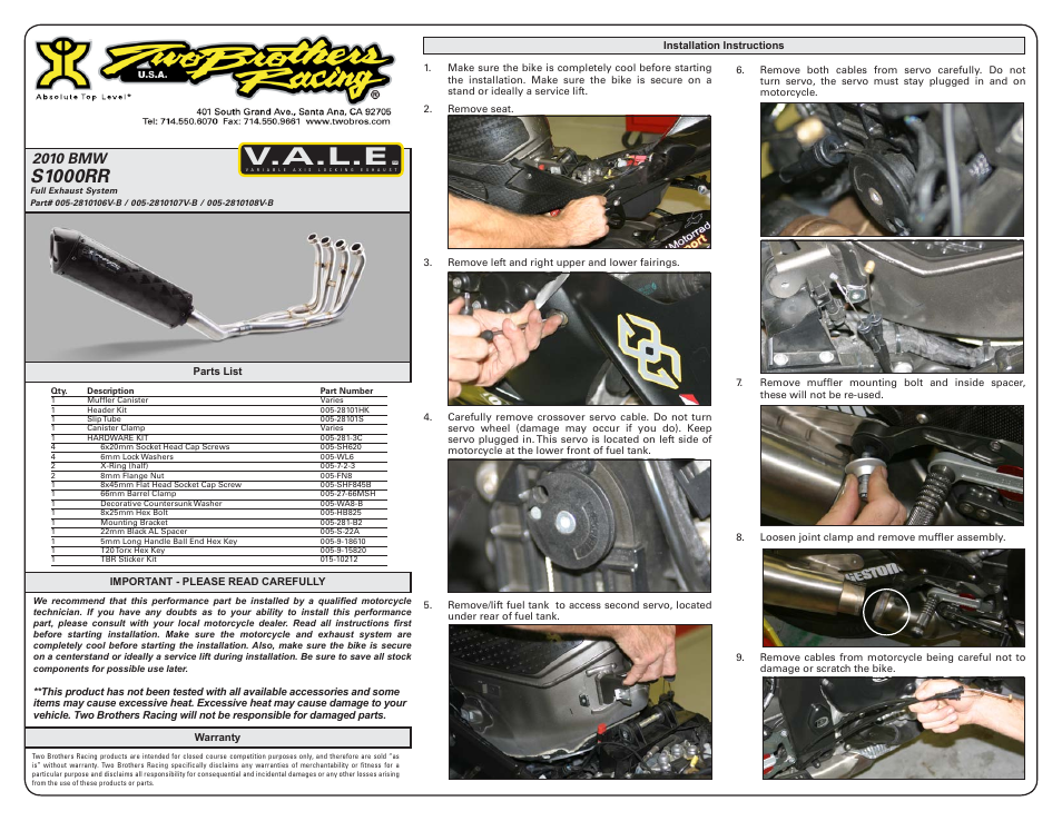 Two Brothers Racing BMW S1000RR User Manual | 4 pages